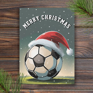 Soccer Football Ball Santa Hat Merry Christmas Card