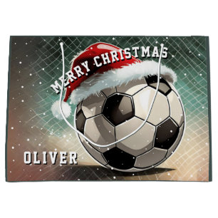 Soccer Football Ball Santa Hat Merry Christmas Large Gift Bag