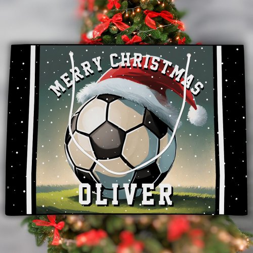 Soccer Football Ball Santa Hat Name Christmas  Large Gift Bag