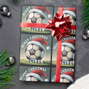 Soccer Football Ball Santa Hat Name Christmas Wrapping Paper