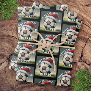 Soccer Football Ball Santa Hat Name Christmas Wrapping Paper Sheets
