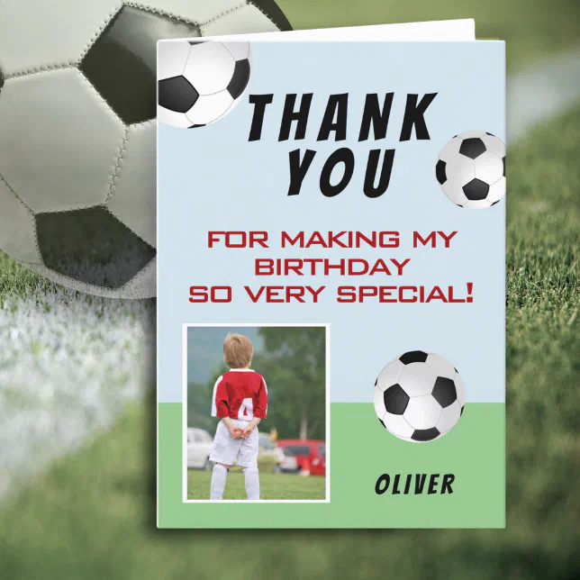 Soccer Football Ball Sports Kids Birthday Photo Thank You Card | Zazzle