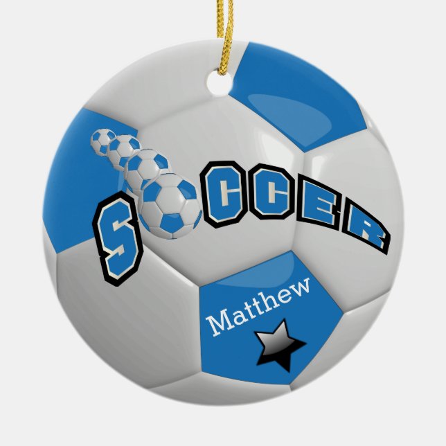 Soccer Football Ball Star Player | Blue Ceramic Ornament (Front)