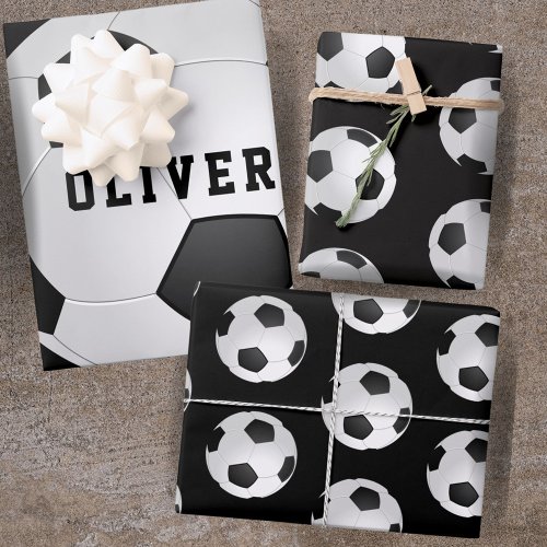 Soccer Football Balls Kids Name Black Birthday Wrapping Paper Sheets