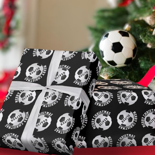 Soccer Football Balls Kids Name Black Christmas  Wrapping Paper
