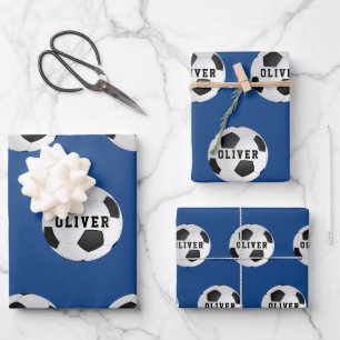 Soccer Football Balls Kids Name Blue Birthday Wrapping Paper Sheets