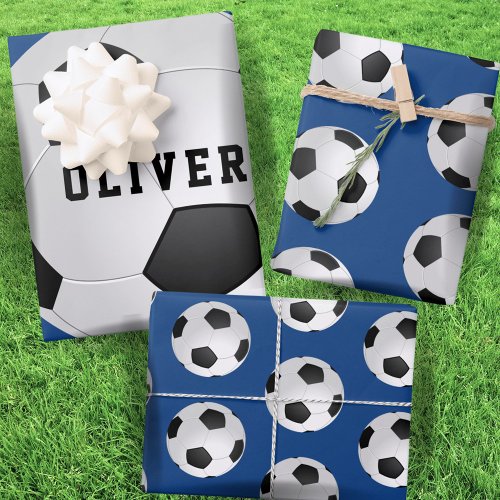 Soccer Football Balls Kids Name Blue Birthday Wrapping Paper Sheets