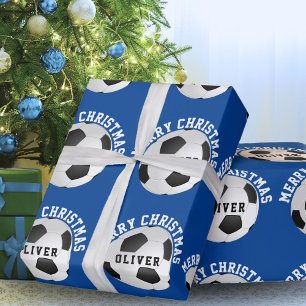 Soccer Football Balls Kids Name Blue Christmas Wrapping Paper