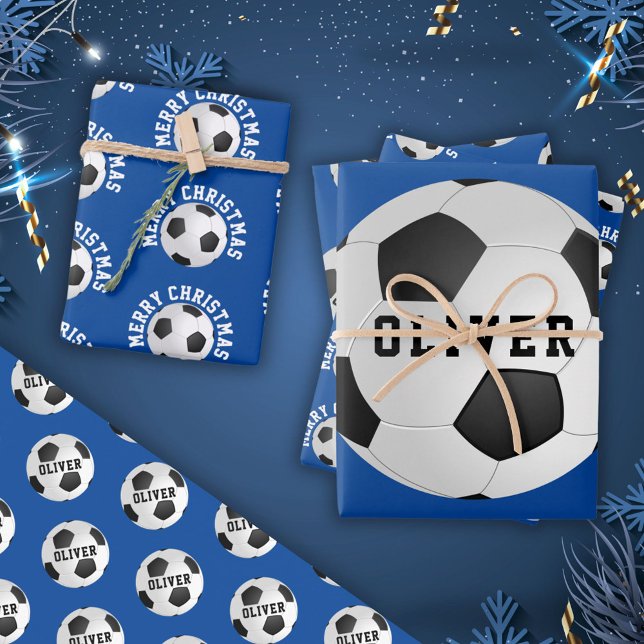 Soccer Football Balls Kids Name Blue Christmas Wrapping Paper Sheets (Creator Uploaded)