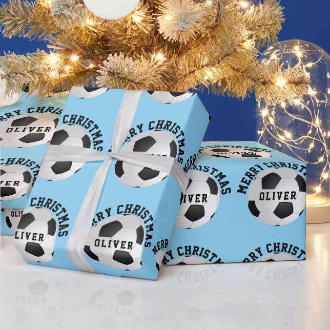 Soccer Football Balls Kids Name Christmas  Wrapping Paper (Holidays)