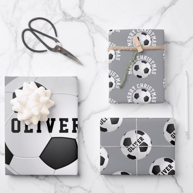 Soccer Football Balls Kids Name Christmas Wrapping Paper Sheets (Front)