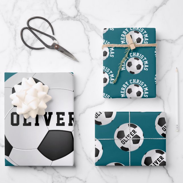 Soccer Football Balls Kids Name Christmas Wrapping Paper Sheets (Front)