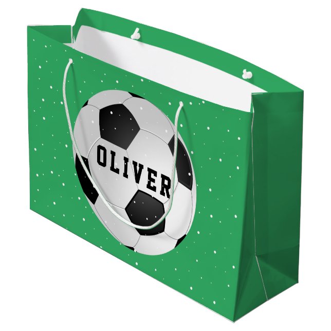 Soccer Football Balls Kids Name Green Christmas Large Gift Bag (Back Angled)