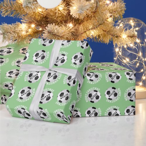 Soccer Football Balls Kids Name Green Christmas  Wrapping Paper