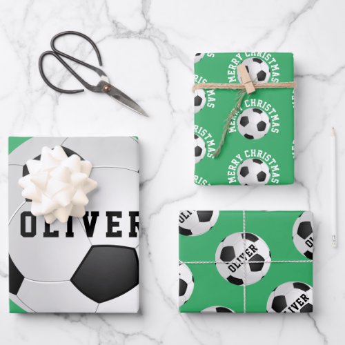 Soccer Football Balls Kids Name Green Christmas Wrapping Paper Sheets