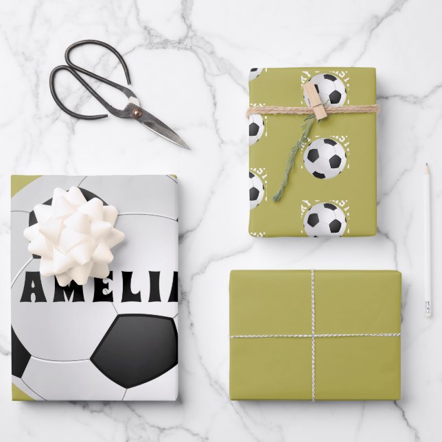 Soccer Football Balls Kids Name Merry Christmas Wrapping Paper Sheets (Front)