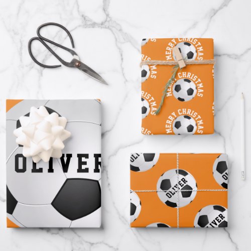 Soccer Football Balls Kids Name Orange Christmas Wrapping Paper Sheets