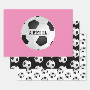 Soccer Football Balls Kids Name Pink Birthday  Wrapping Paper Sheets