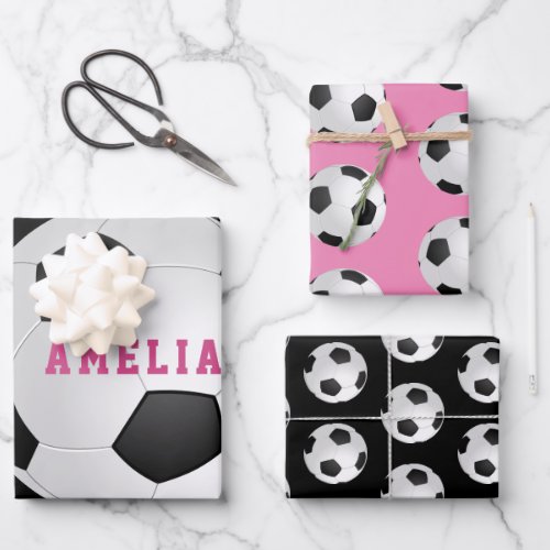 Soccer Football Balls Kids Name Pink Birthday Wrapping Paper Sheets
