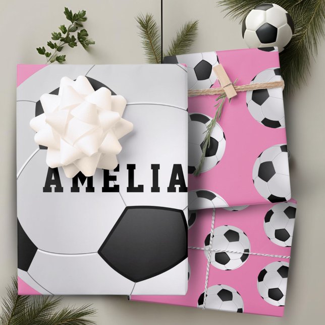Soccer Football Balls Kids Name Pink Birthday  Wrapping Paper Sheets (Creator Uploaded)