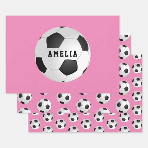 Soccer Football Balls Kids Name Pink Birthday  Wrapping Paper Sheets