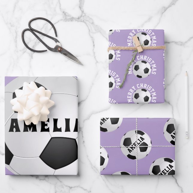 Soccer Football Balls Kids Name Purple Christmas Wrapping Paper Sheets (Front)