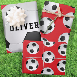 Soccer Football Balls Kids Name Red Birthday Wrapping Paper Sheets