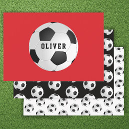 Soccer Football Balls Kids Name Red Birthday Wrapping Paper Sheets