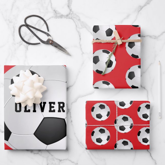 Soccer Football Balls Kids Name Red Birthday Wrapping Paper Sheets