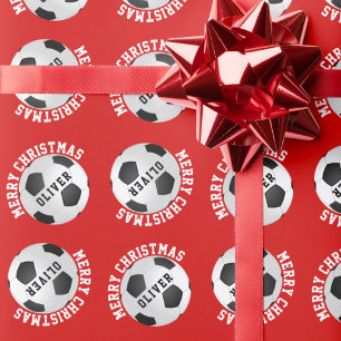 Soccer Football Balls Kids Name Red Christmas Wrapping Paper