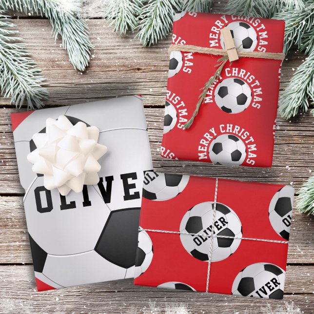 Soccer Football Balls Kids Name Red Christmas Wrapping Paper Sheets (Creator Uploaded)
