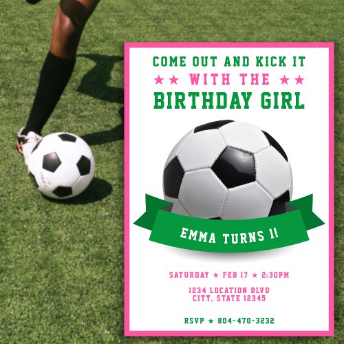 Soccer Football Bday Girl 1st Birthday Party Invitation