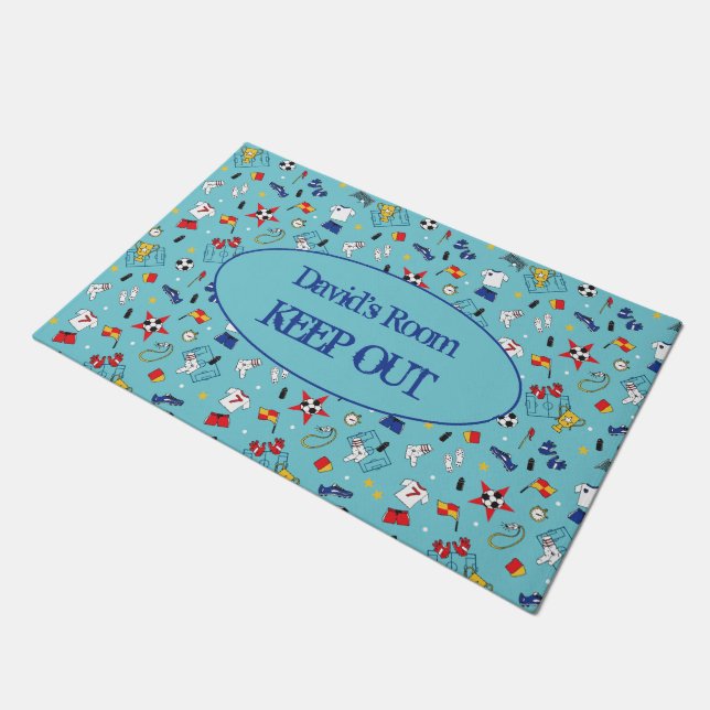 Soccer Football Boys Bedroom Keep Out Doormat (Angled)