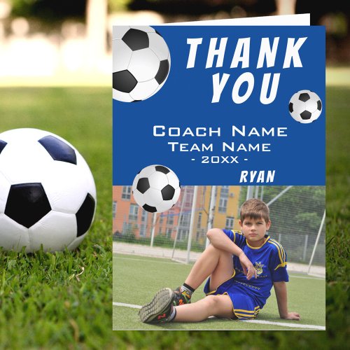 Soccer Football Bue Thank you Coach Photo Card