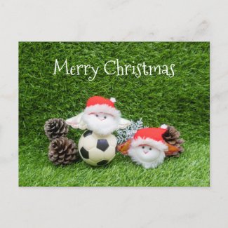 Soccer football Christmas with Santa and pine cone Postcard
