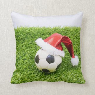 Soccer Football Christmas with Santa hat Throw Pillow