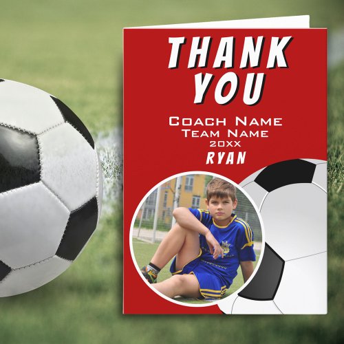 Soccer Football Coach Soccer Ball Red Photo Thank You Card