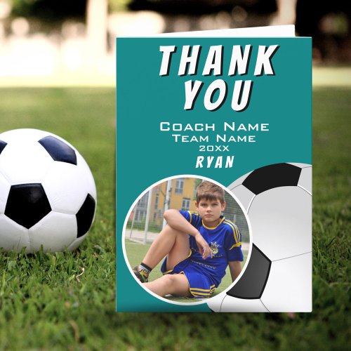 Soccer Football Coach Soccer Ball Teal Photo  Thank You Card