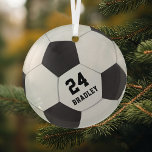 Soccer Football Gift | Name Number Glass Ornament<br><div class="desc">Personalized soccer christmas ornament featuring a football,  the childs name and shirt number.</div>