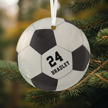 Soccer Football Gift | Name Number Glass Ornament by special_stationery at Zazzle