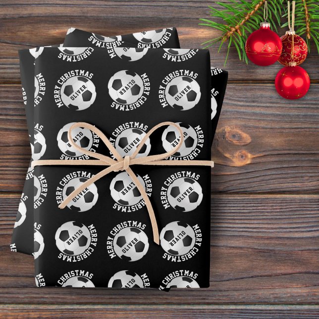 Soccer Football Kids Name Sports Merry Christmas Wrapping Paper Sheets (Creator Uploaded)