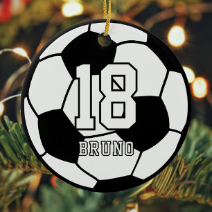Soccer Football Name & Jersey Number Black & White Ceramic Ornament