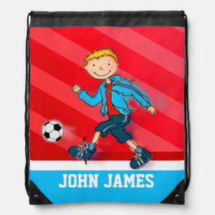 Soccer / football red blue name drawstring bag
