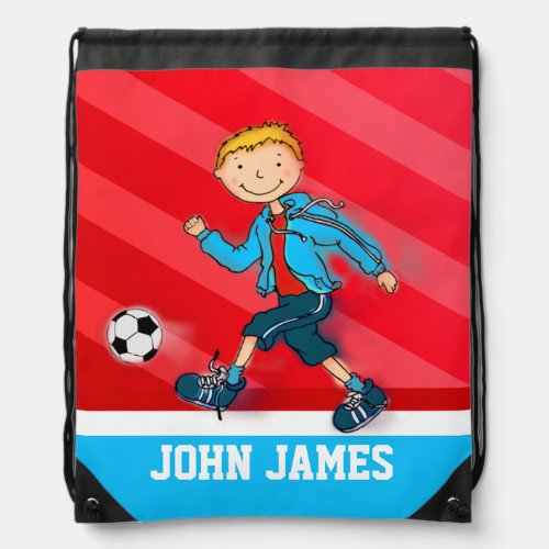 Soccer  football red blue name drawstring bag