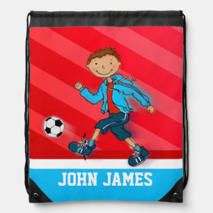Soccer / football red blue name drawstring bag