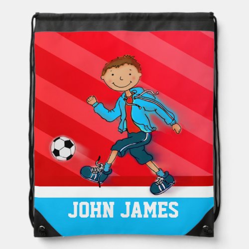 Soccer  football red blue name drawstring bag