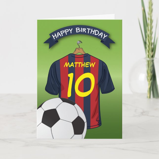 Soccer Football Red & Blue Stripe Shirt Birthday Card (Front)