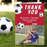 Soccer Football Red Thank you Coach Photo Card<br><div class="desc">Red Soccer Football Sports Thank you Coach Card with a Photo. Soccer thank you coach card with photo, thank you text, coach name, team name, year, your name and soccer balls. Inside the card are more soccer balls. Photo thank you card - add your photo into the template. Personalize the...</div>