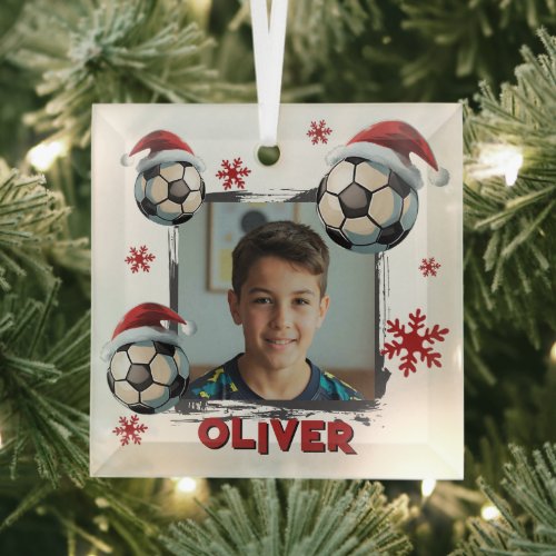 Soccer Football Santa Hat Name Photo Christmas  Glass Ornament