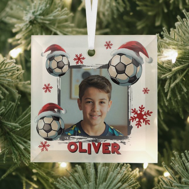 Soccer Football Santa Hat Name Photo Christmas  Glass Ornament (Insitu)